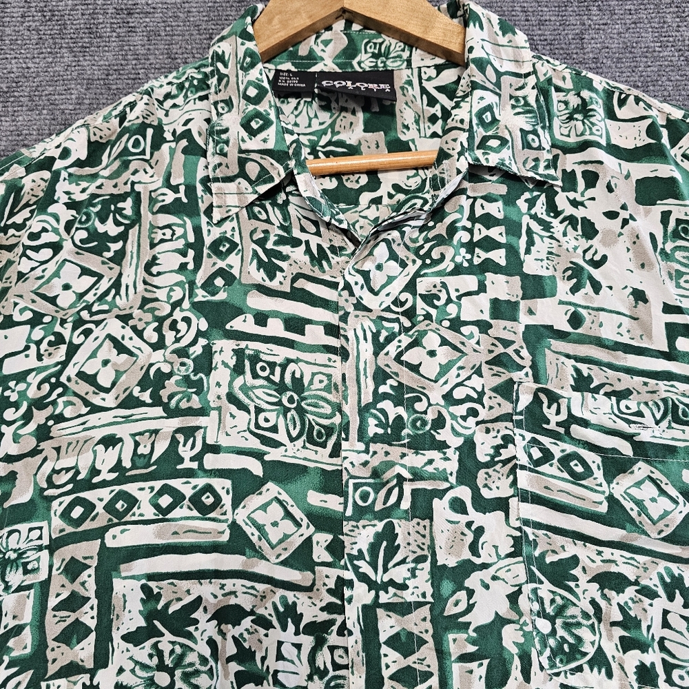 VTG 90s Colore Italia 100% Silk Green Tribal Hawaiian Shirt Scarface Abstract